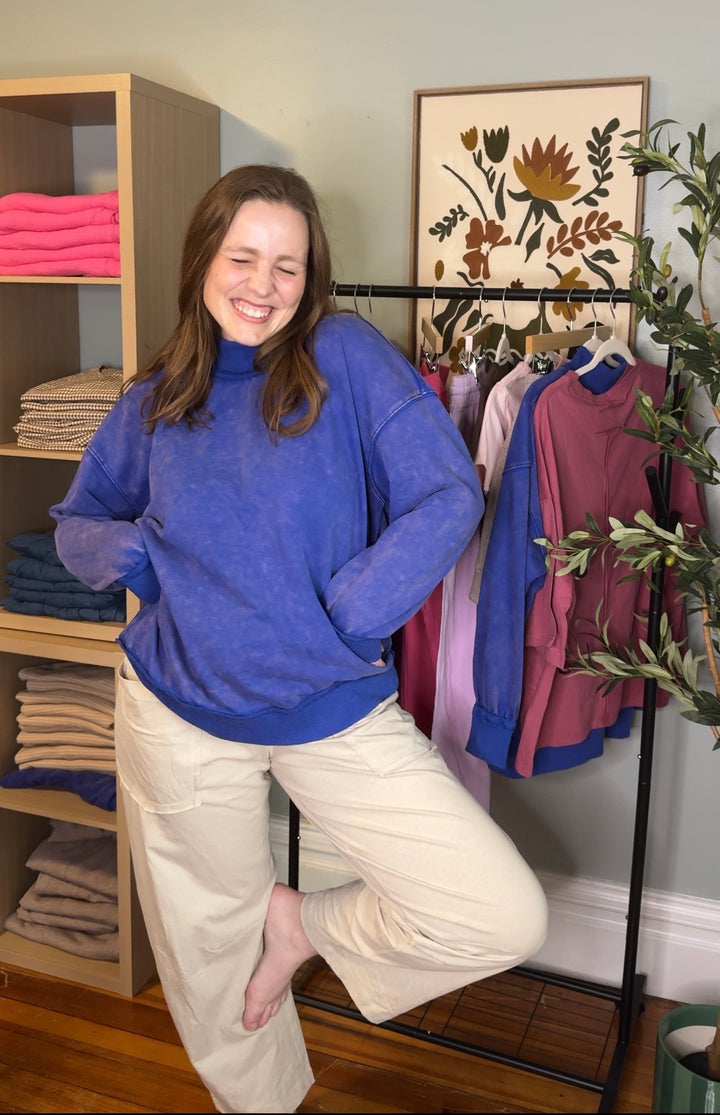 Oversized Mock Neck Mineral Washed Sweatshirt - Cobalt