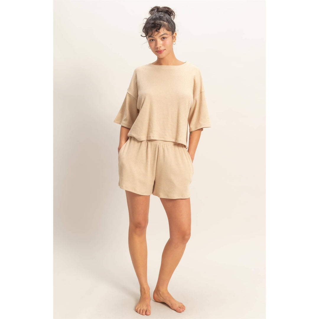 Striped Round Neck Top &amp; Shorts Set