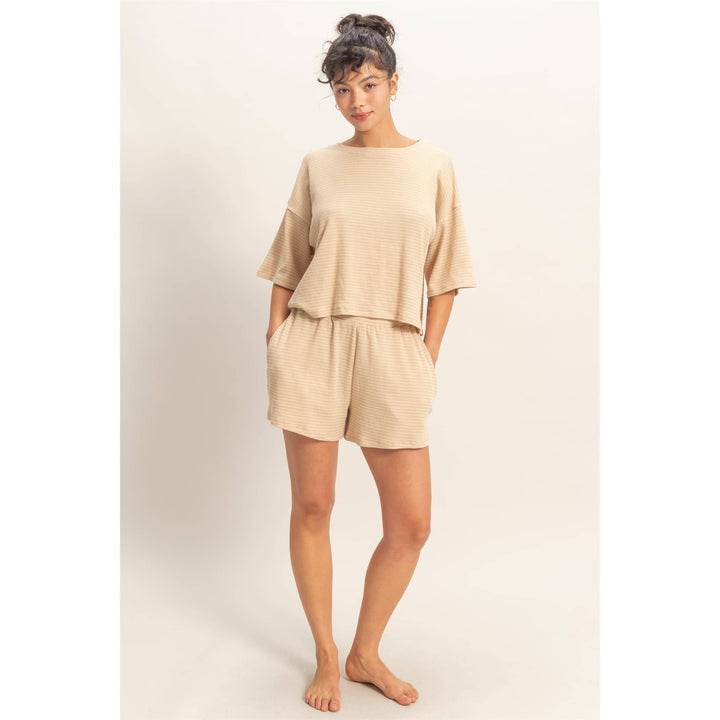 Striped Round Neck Top &amp; Shorts Set