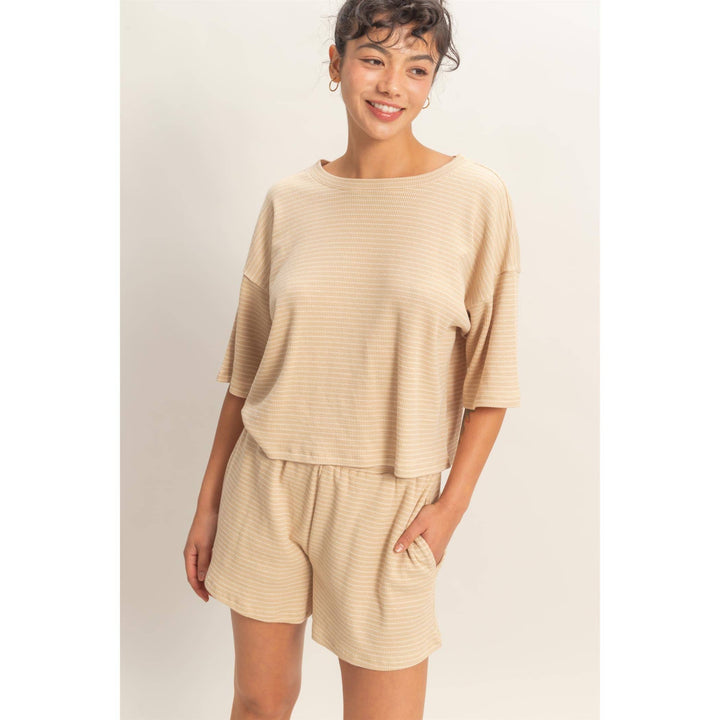 Striped Round Neck Top &amp; Shorts Set