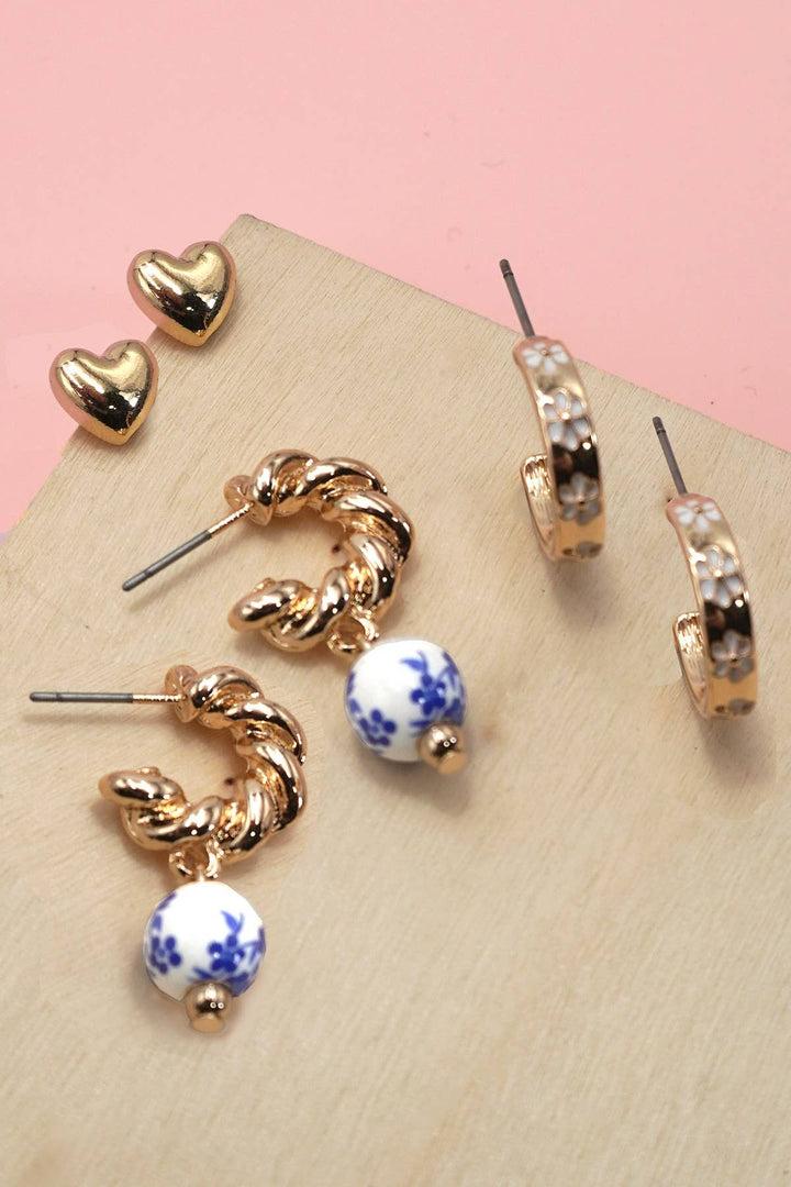 BLUE CERAMIC PORCELAIN TRIO HUGGIE HOOP EARRINGS