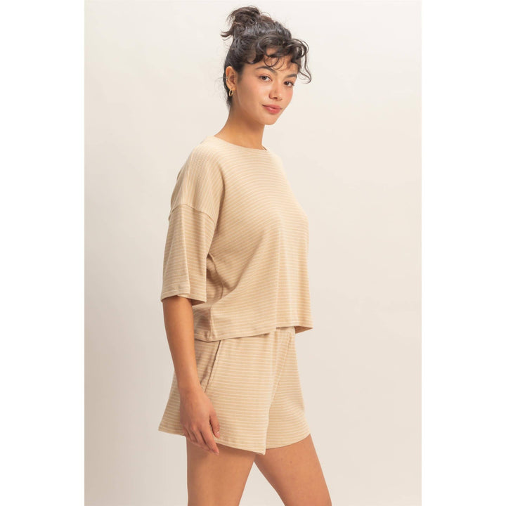 Striped Round Neck Top &amp; Shorts Set