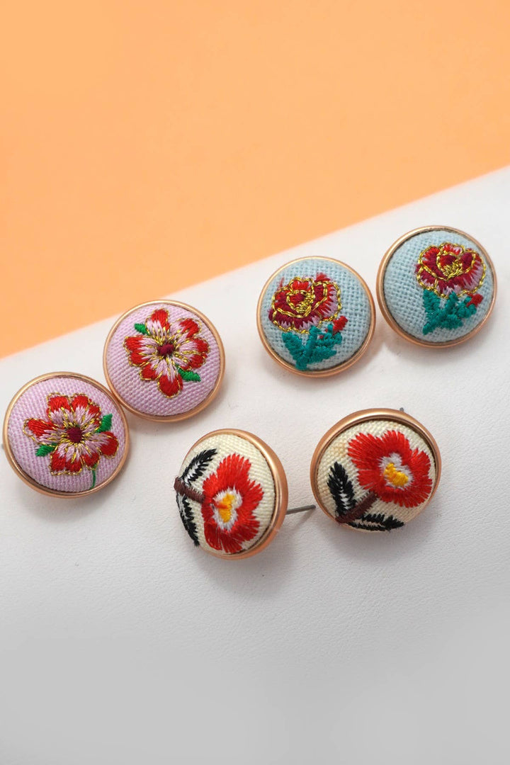 EMBROIDERY FLORAL GOLD EDGE STUD EARRINGS