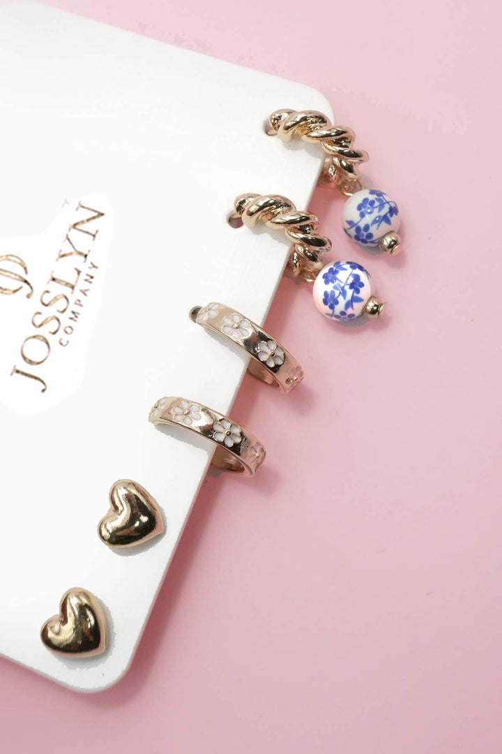 BLUE CERAMIC PORCELAIN TRIO HUGGIE HOOP EARRINGS