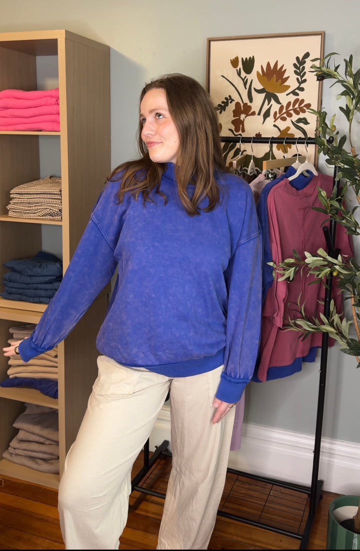 Oversized Mock Neck Mineral Washed Sweatshirt - Cobalt
