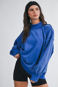 Oversized Mock Neck Mineral Washed Sweatshirt - Cobalt