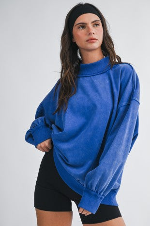 Oversized Mock Neck Mineral Washed Sweatshirt - Cobalt
