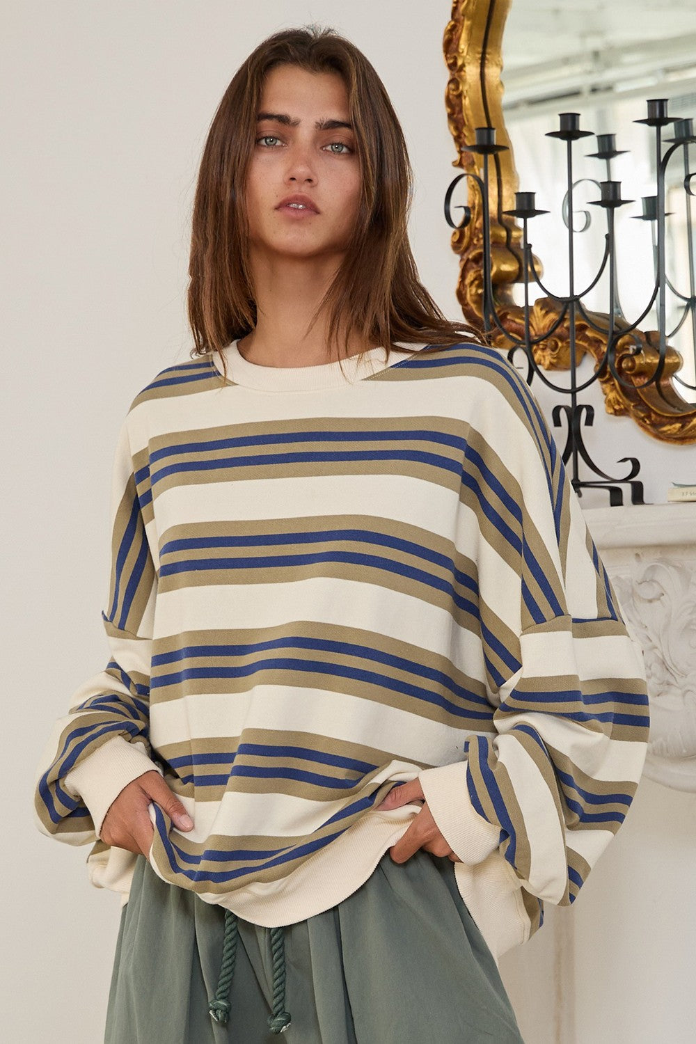 Striped Oversized Sweatshirt Top - Olive and Navy
