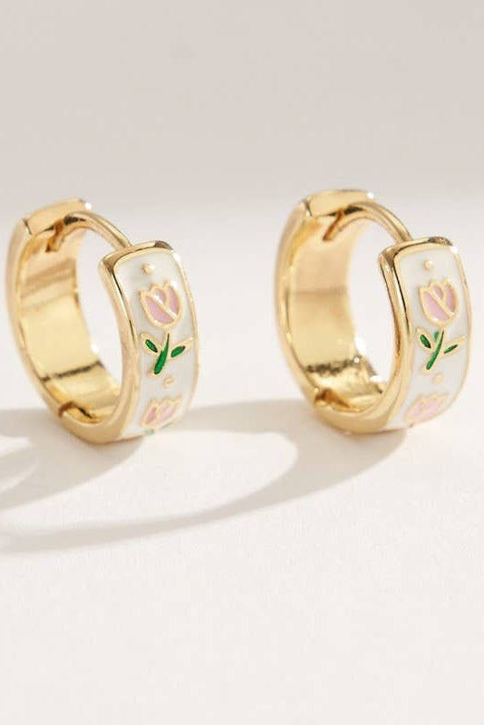 VINTAGE CLOISONNE FLORAL HUGGIE HOOP EARRINGS