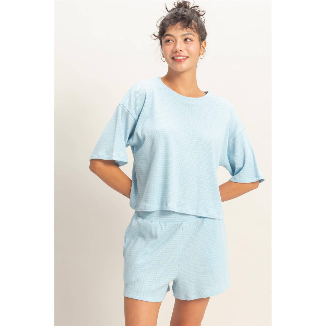 Striped Round Neck Top &amp; Shorts Set