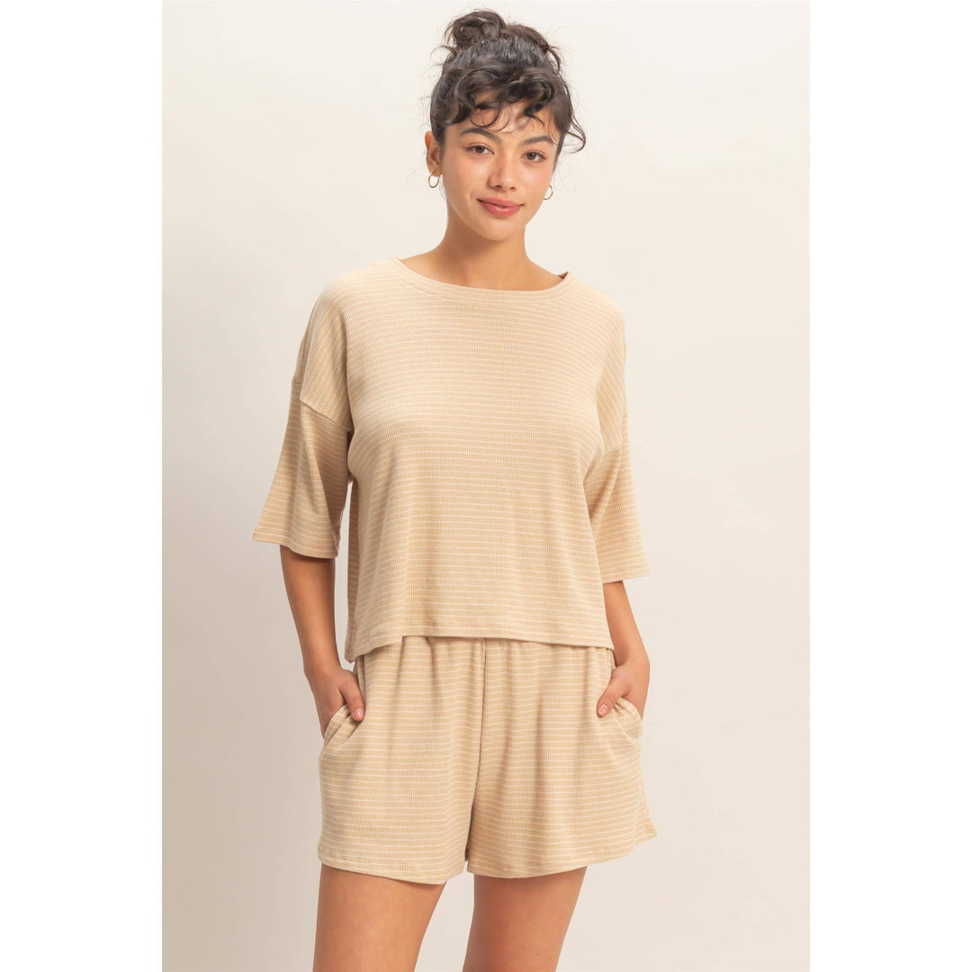 Striped Round Neck Top &amp; Shorts Set