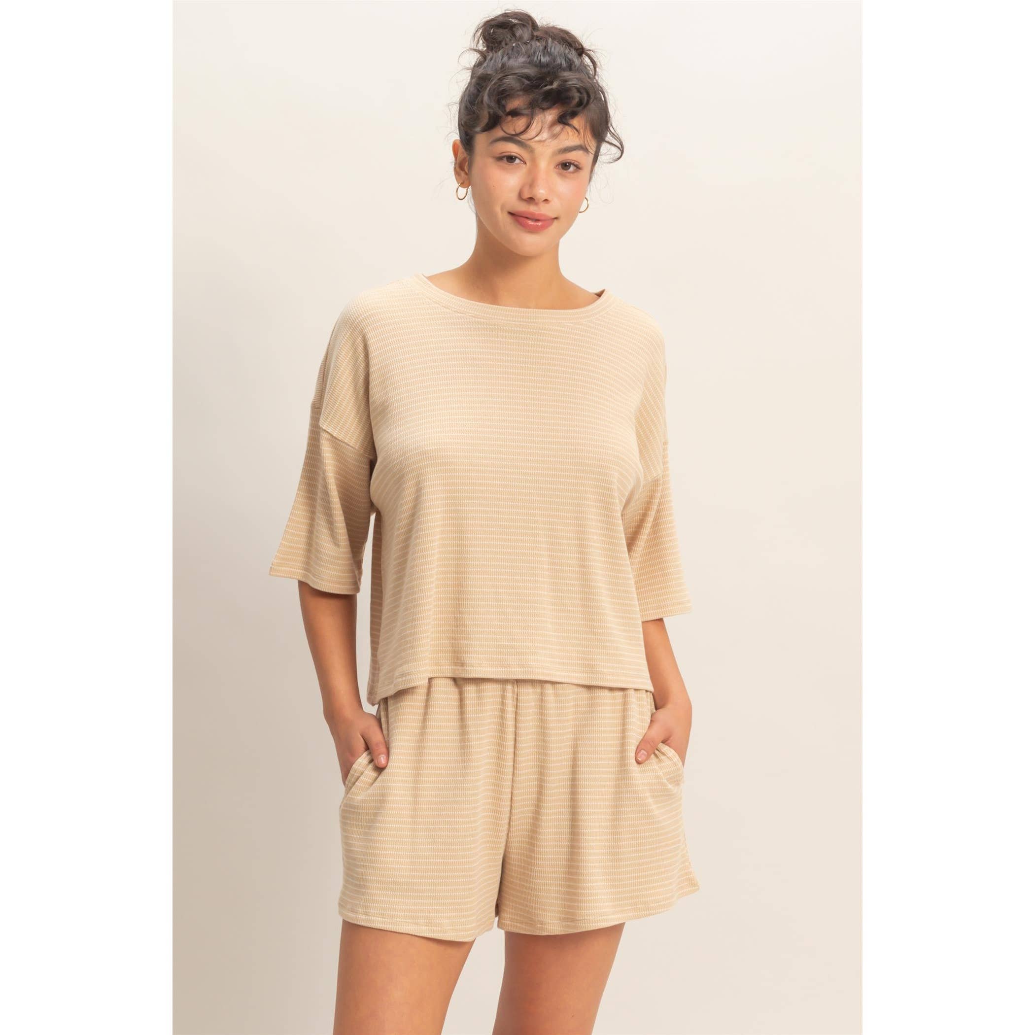 Striped Round Neck Top & Shorts Set