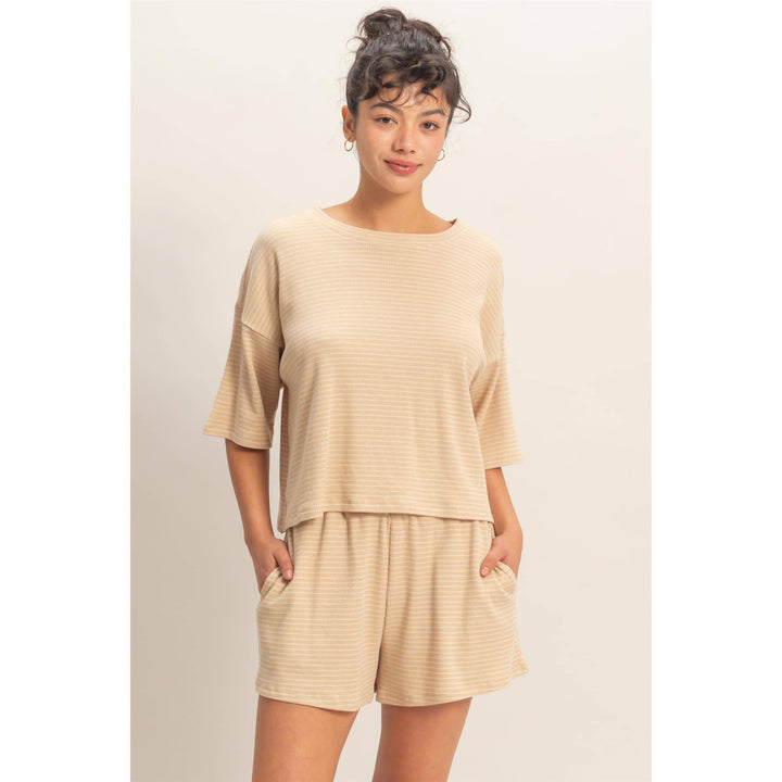 Striped Round Neck Top &amp; Shorts Set